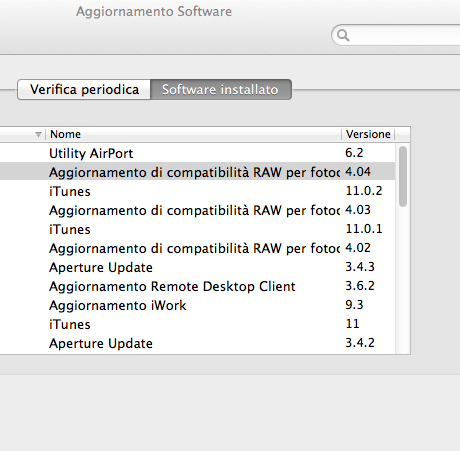 Aggiornamento Aperture camera raw