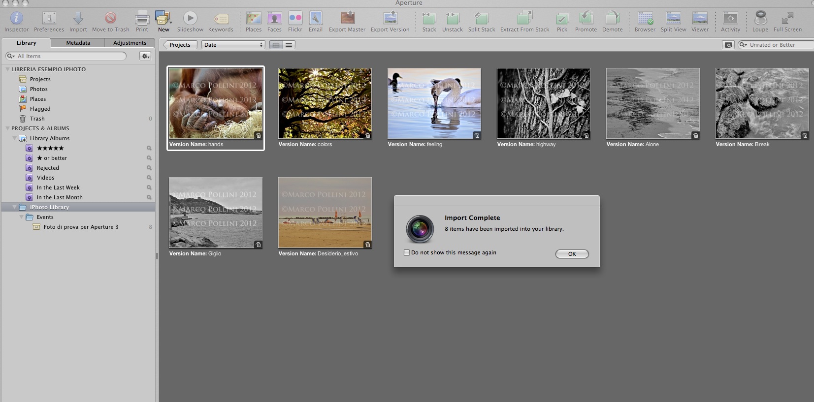 Risultato dell'importazione da iPhoto ad Aperture 3