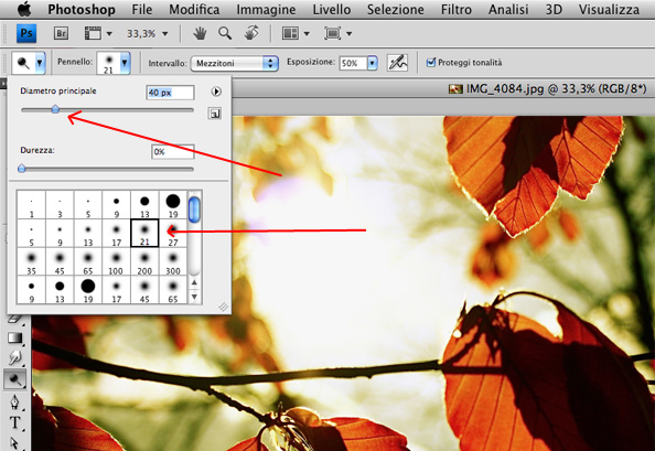 Pennello relativo allo strumento scherma di photoshop cs4