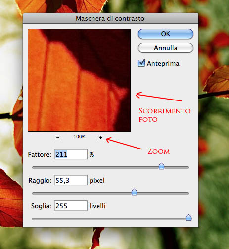 Il menù della maschera di contrasto in Photoshop CS4