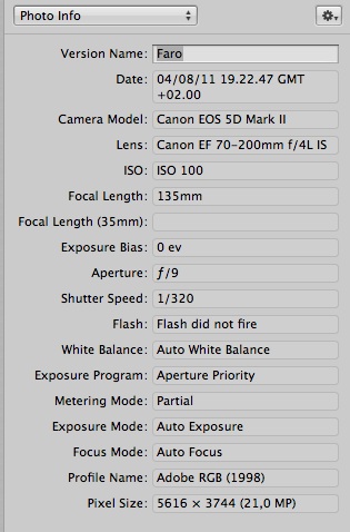 Le info delle foto nel pannello metadata di Aperture 3