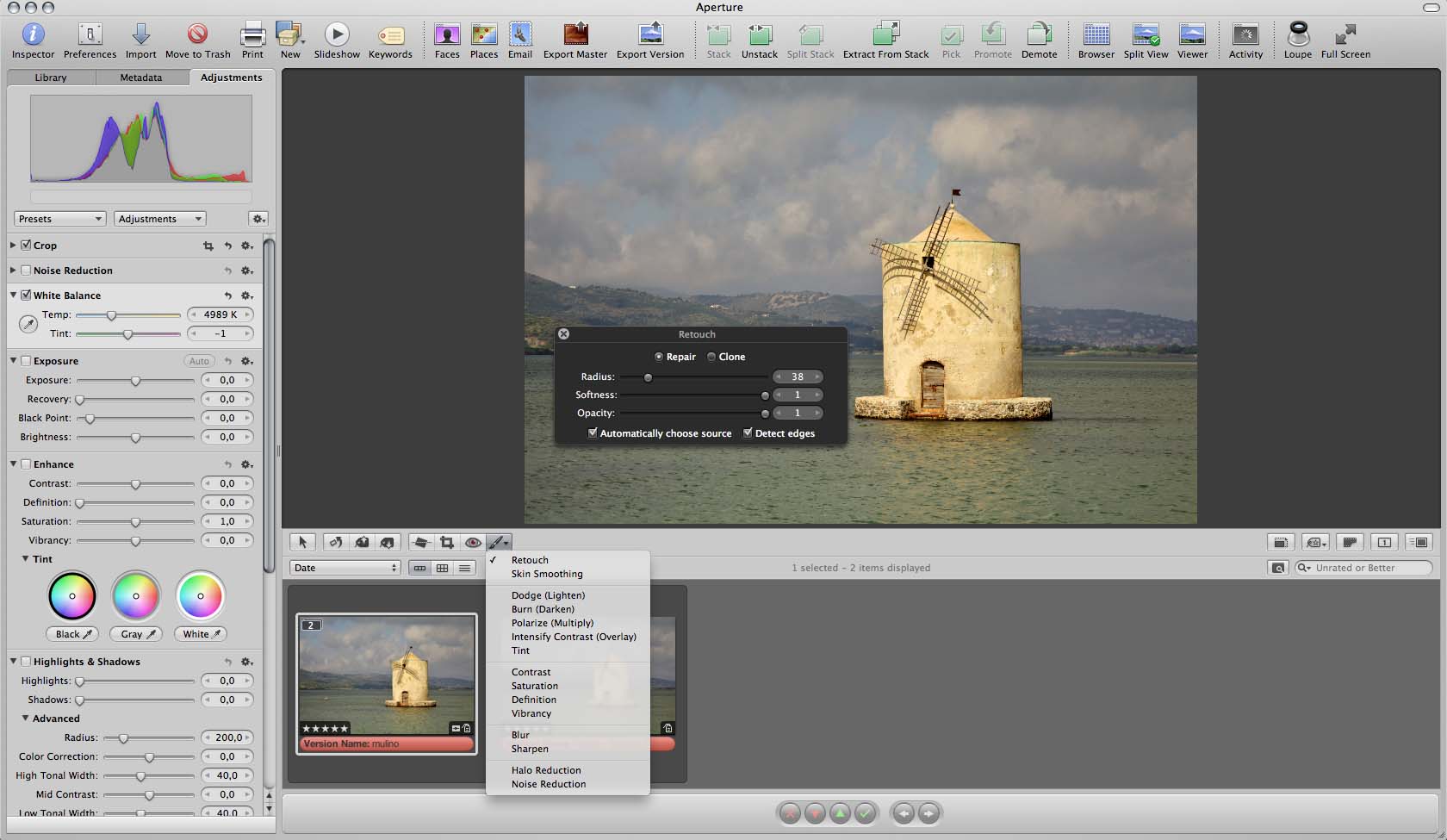 Il pannello retouch di Aperture 3