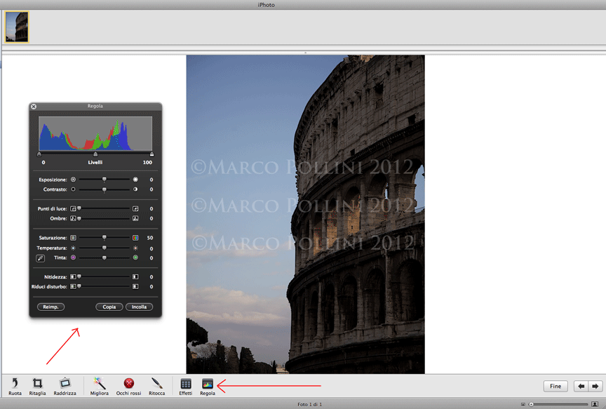 Il pulsante regola nel pannello strumenti di i Photo.