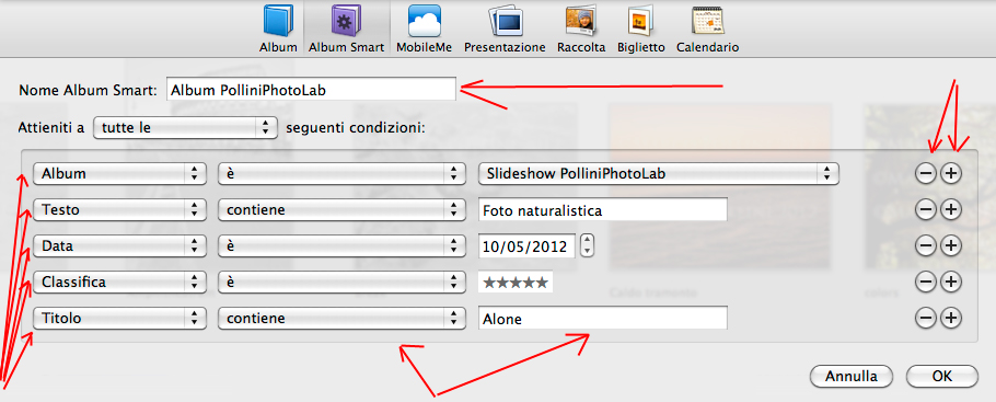 La finestra opzioni smart albums in iPhoto